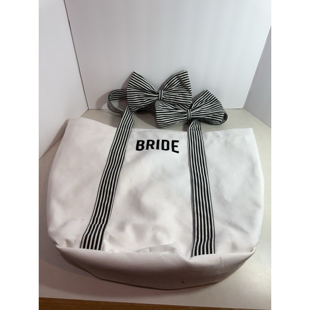 Bride Canvas Tote Bag White Black Striped Bow Handles Wedding Gift Preowned
